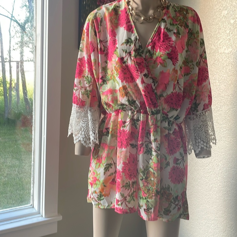 Revamped pink, green,& orange bright woman floral and lace romper size Large